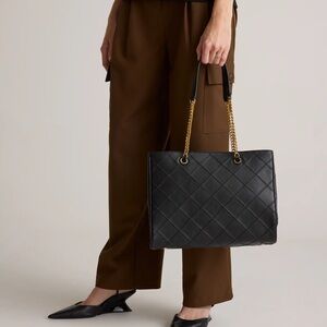 Chic Black Quilted Tote Bag with Gold Chain